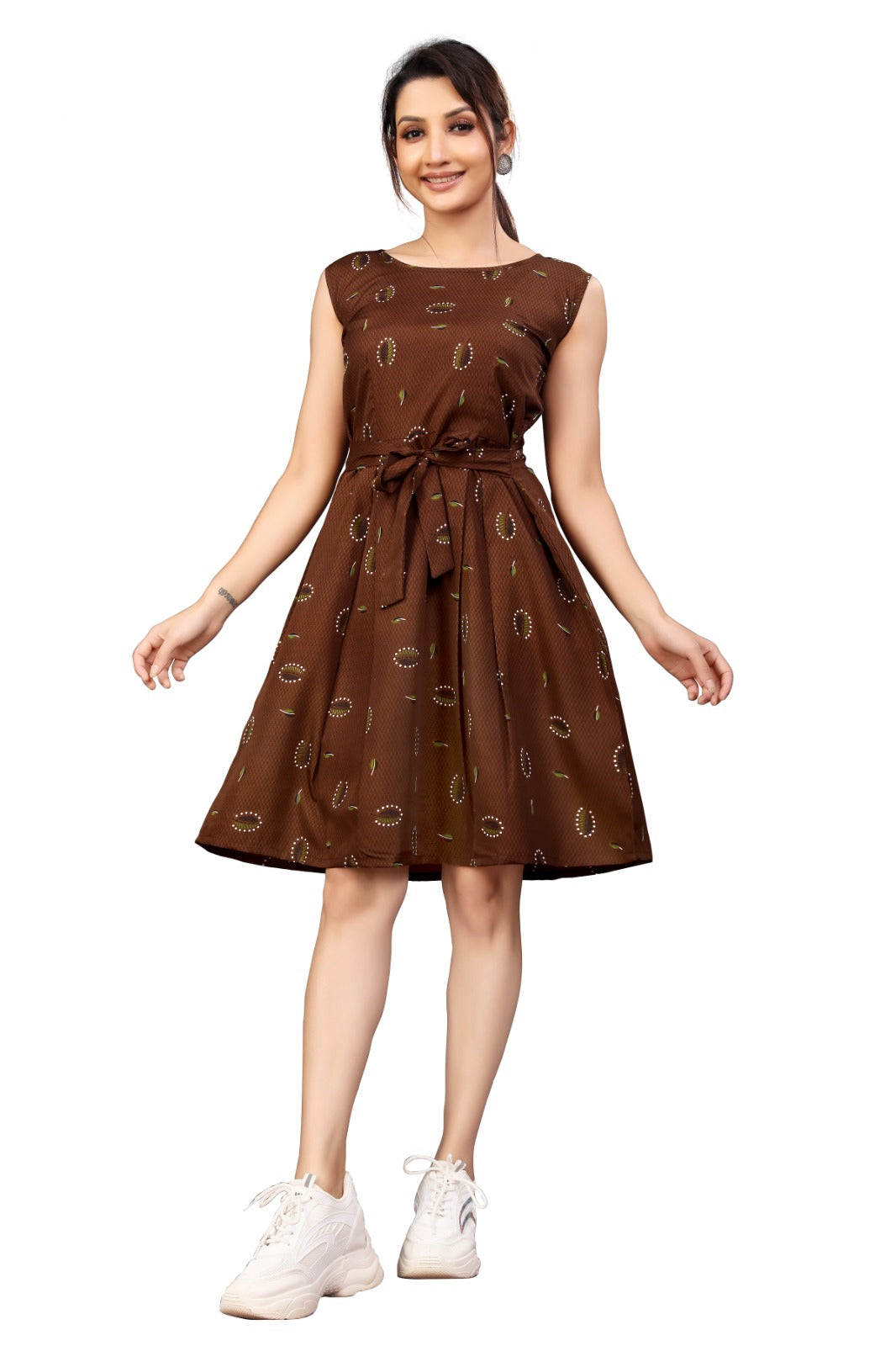 Brown Printed Casual A-Line Dress