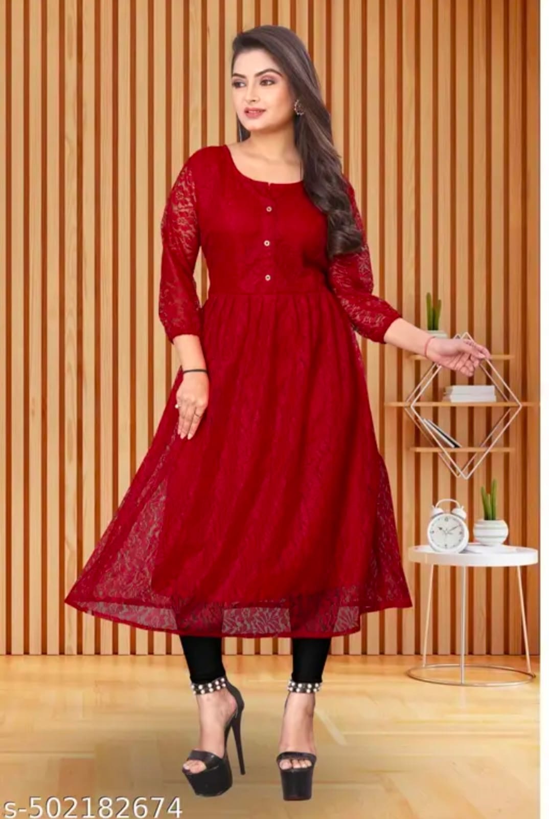 Elegant Button-Down Floral Lace Flared Kurti