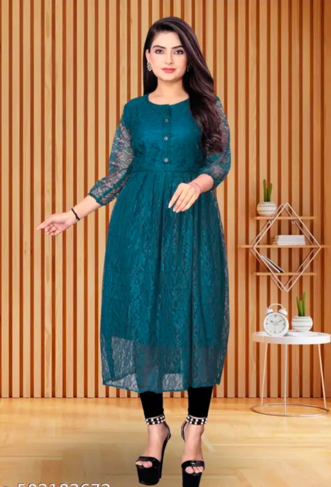 Elegant Button-Down Floral Lace Flared Kurti